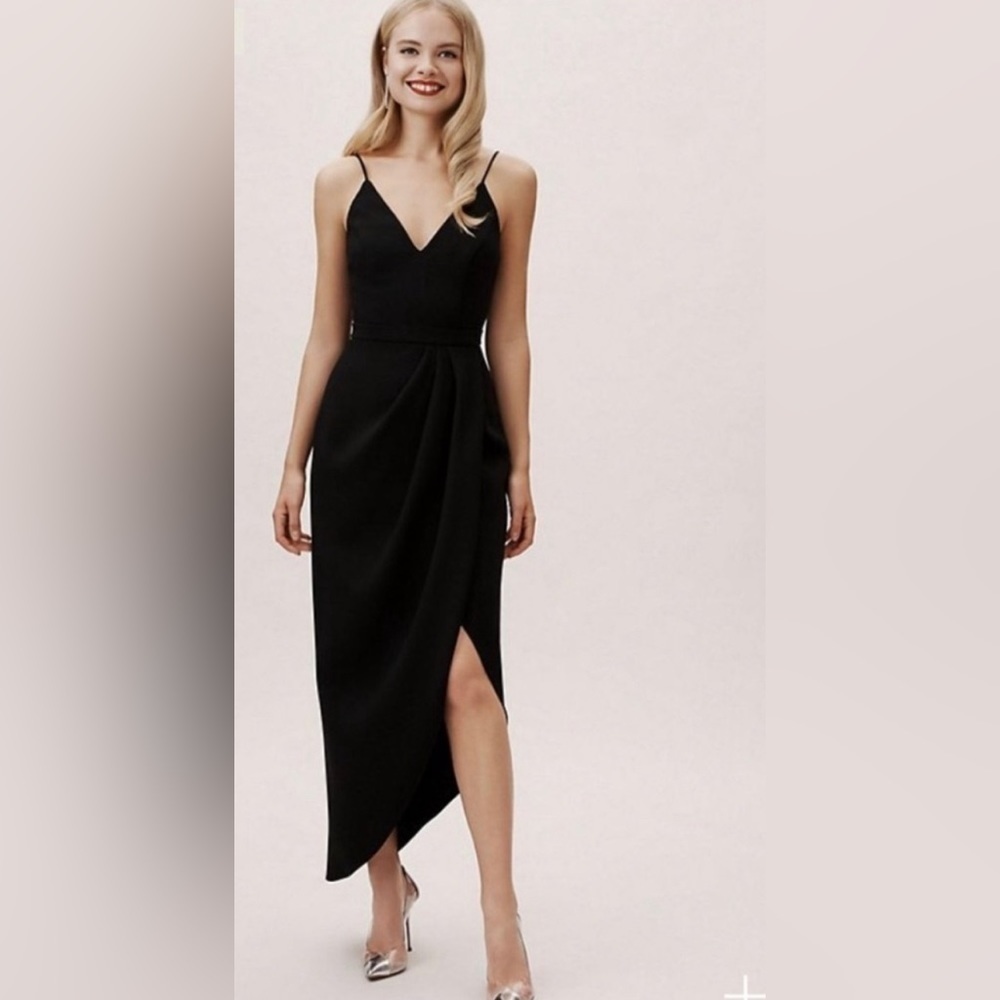 NEW! BHLDN Lyra V-Neck Faux-Wrap Stretch Crepe Midi Dress Black SZ 4